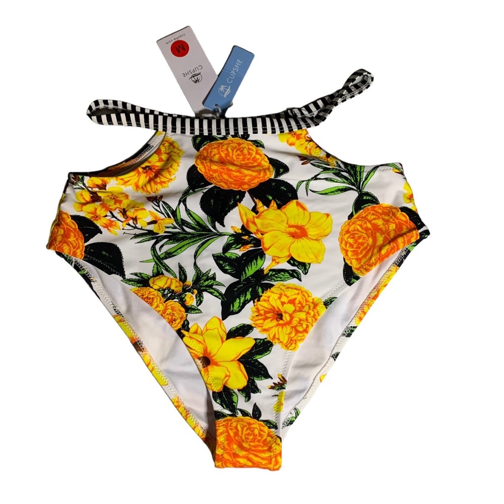 -CUPSHE (M) Bikini Bottoms Floral Paradise High Waisted Yellow White Blac…
